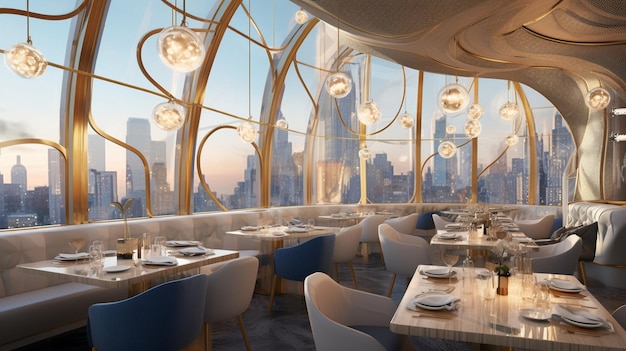 Un ristorante con vista sullo skyline della città.