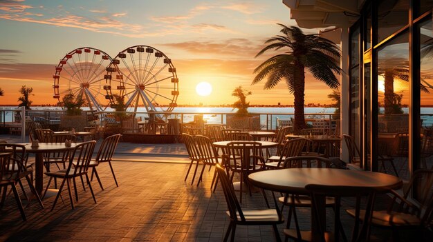 Un ristorante vuoto nel parco acquatico con vista sul tramonto