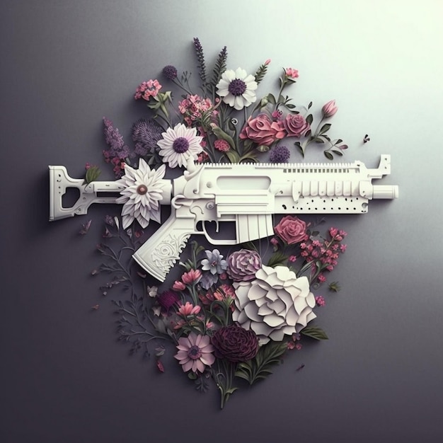 Un ritaglio di carta di un fucile con sopra dei fiori.