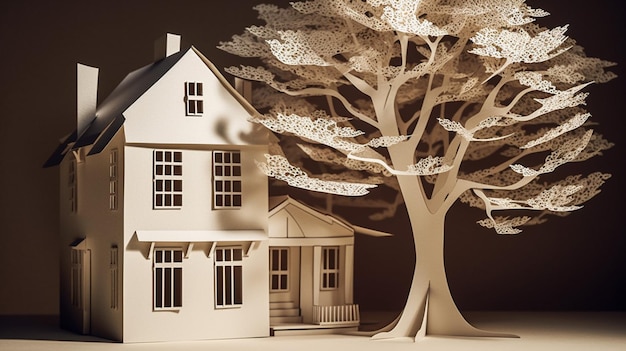 Un ritaglio di carta di una casa con un albero sullo sfondo.