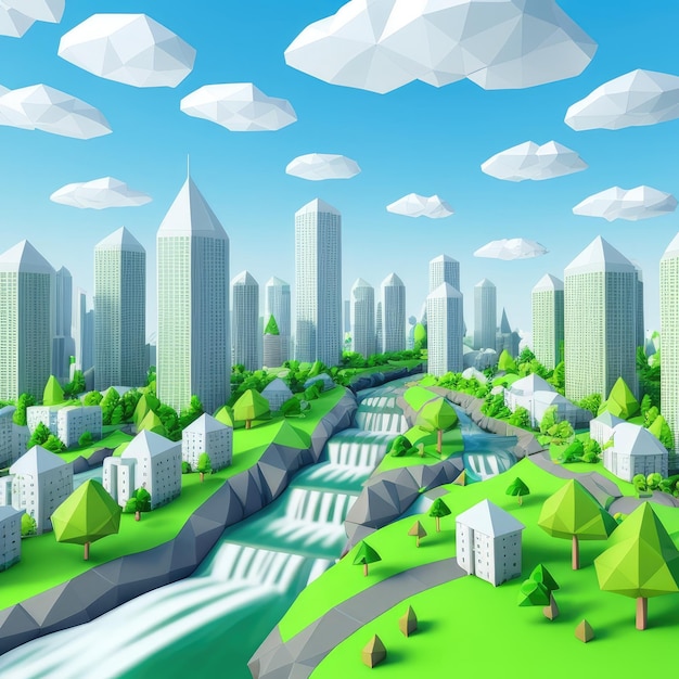 Un ritaglio di carta di una città con un paesaggio verde e alberi