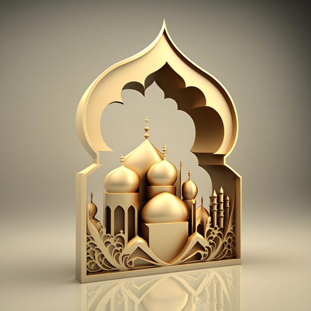 Un ritaglio di carta dorata di una moschea con una finestra al centro.