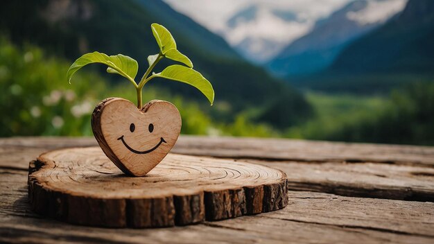 Un ritaglio in forma di cuore in legno con una faccia sorridente è al centro dell'immagine Ci sono quattro piccoli