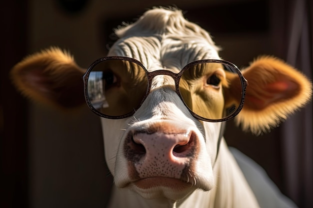 Un ritratto artistico di una mucca di razza pura che indossa occhiali da sole Un insolito concetto di avatar per animali domestici