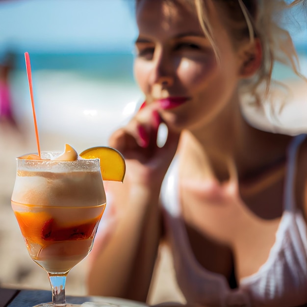 Un ritratto astratto di una bella ragazza immaginaria con un cocktail Una bella donna alla moda