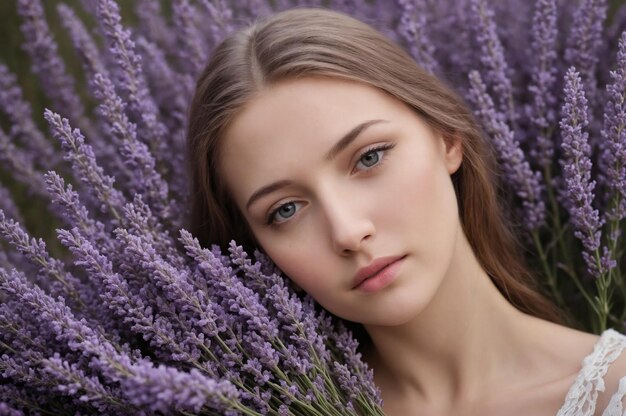 Un ritratto calmante di una giovane bellezza slava serena in benedizione lavanda