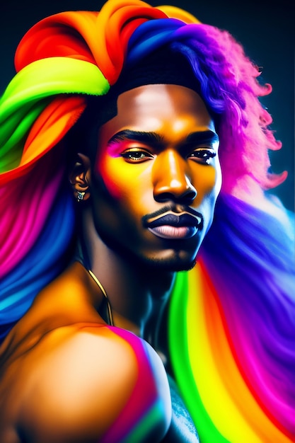 Un ritratto colorato di un uomo con i capelli arcobaleno.
