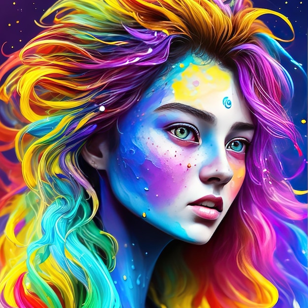 Un ritratto colorato di una donna con i capelli arcobaleno.