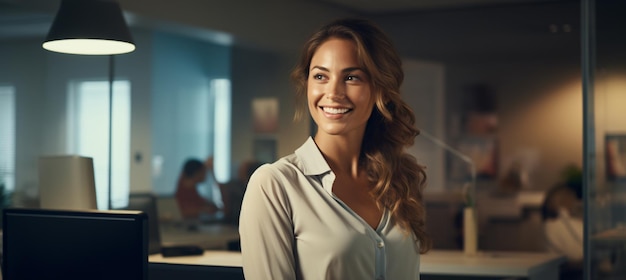 Un ritratto da vicino di una bella donna d'affari sorridente in un ufficio