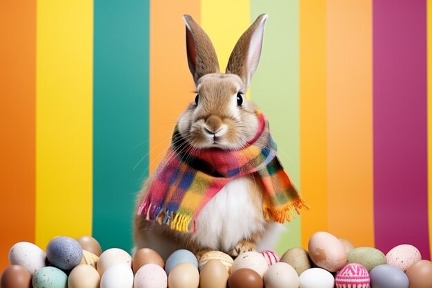 Un ritratto del coniglietto di Pasqua che indossa un cappello e una sciarpa a maglia