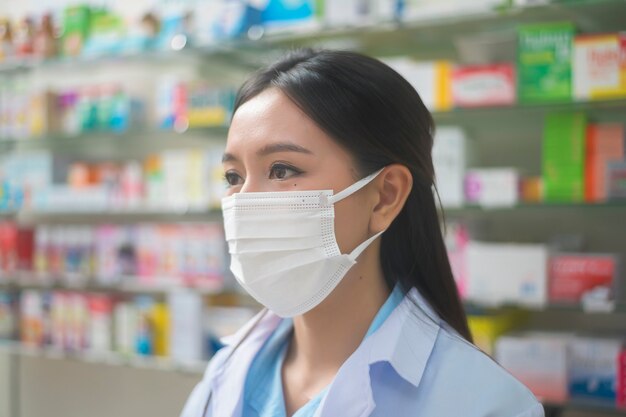 Un ritratto del farmacista asiatico della donna che indossa una mascherina chirurgica in una farmacia moderna della farmacia