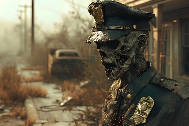 Un ritratto dettagliato di una figura non morta in abito da poliziotto che incarna il classico archetipo zombie