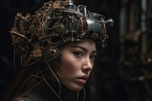 Un ritratto di cyborg femminile di 1000 anni nel futuro creato con la tecnologia generativa dell'IA