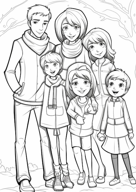 Un ritratto di famiglia con quattro bambini e un uomo in abiti invernali AI Generative