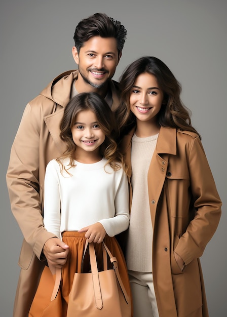 un ritratto di famiglia con una ragazza e una borsa.