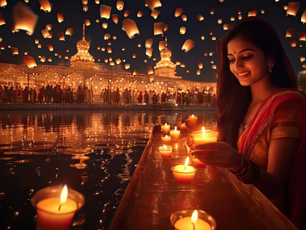 Un ritratto di felice donna indiana circondata da lampade galleggianti lanterne accese durante il festival Diwali Migliaia di lanterne volanti di carta indiana nel cielo notturno