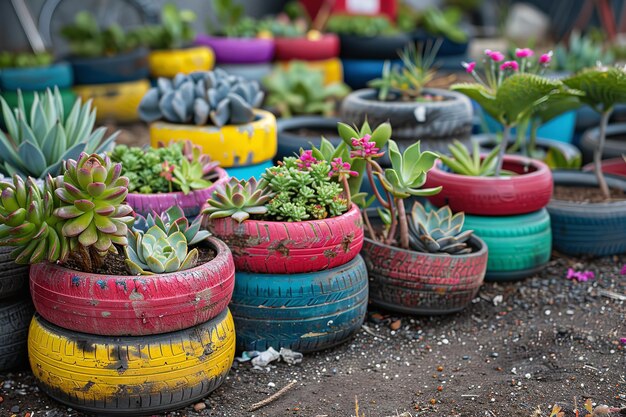 Un ritratto di piantagione di succulente in pneumatici colorati un concetto di upcycle con un grande sfondo sfocato per il testo o la pubblicità del prodotto AI generativa