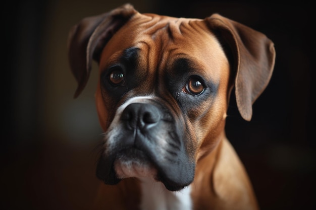 Un ritratto di un adorabile cane pugile con lo sguardo curioso