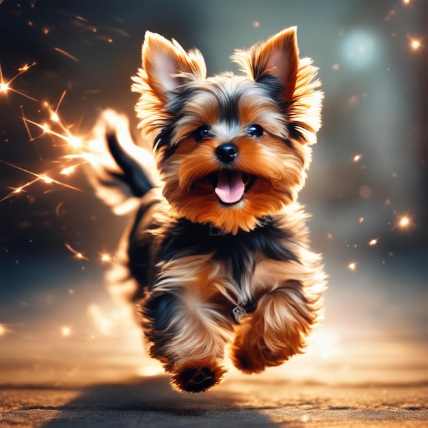 Un ritratto di un adorabile fantastico magico bellissimo peloso felice Yorkshire Terrier cucciolo