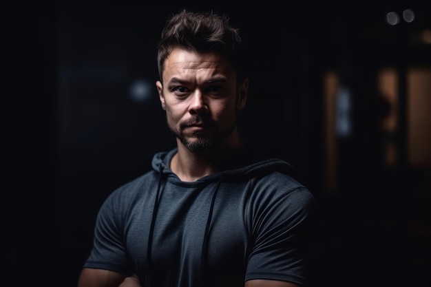 Un ritratto di un allenatore uomo palestra fitness sfondo nero formazione in palestra fitness