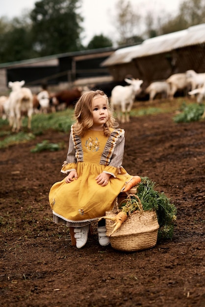 Un ritratto di un bambino carino in un bel vestito giallo seduto su una panchina in una fattoria su uno sfondo di capre