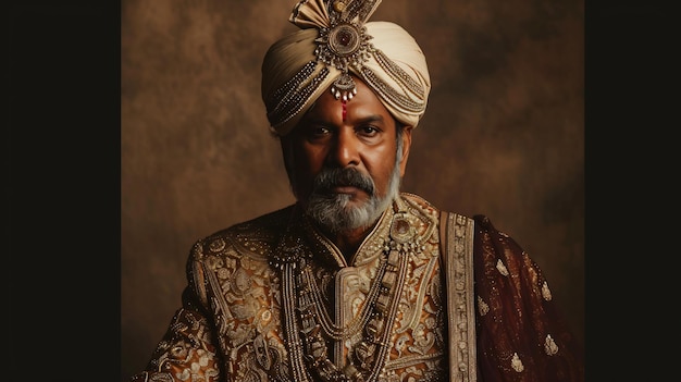 Un ritratto di un bell'uomo indiano che indossa un turbante tradizionale e una giacca ricamata d'oro