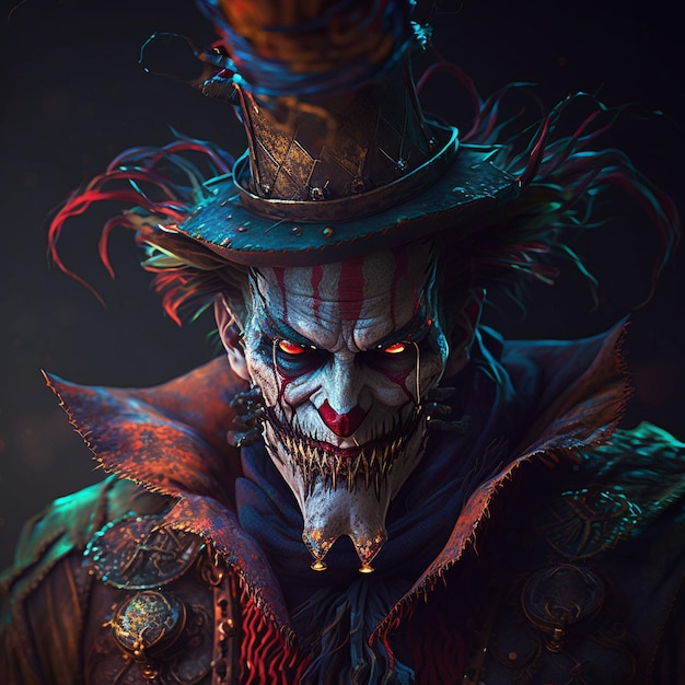 Un ritratto di un clown con un cappello rosso e occhi rossi e gialli.