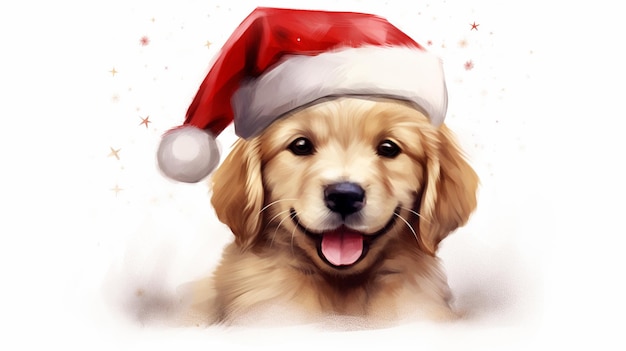 Un ritratto di un cucciolo con un cappello di Babbo Natale creato in acquerello