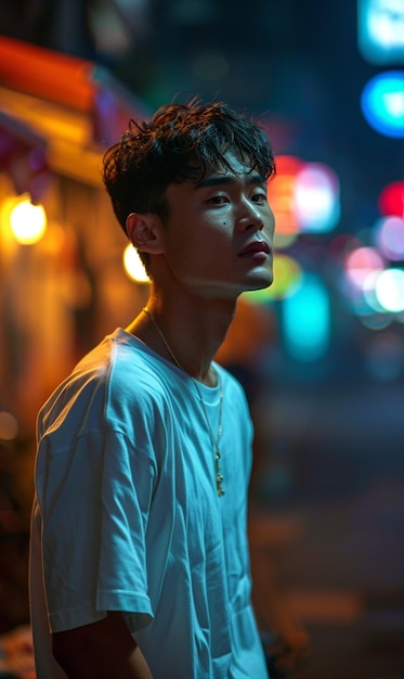 Un ritratto di un giovane e bello coreano di notte per le strade di Seoul