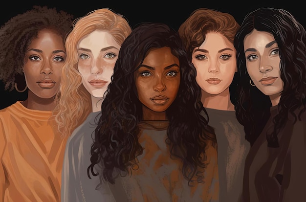 un ritratto di un gruppo di donne in colori diversi nello stile di illustrazioni iperdetallate
