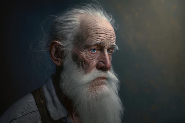 Un ritratto di un uomo con la barba bianca e gli occhi azzurri.