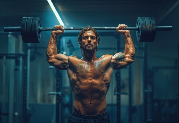 Un ritratto di un uomo con un barbell nella palestra per il fitness AI generativa