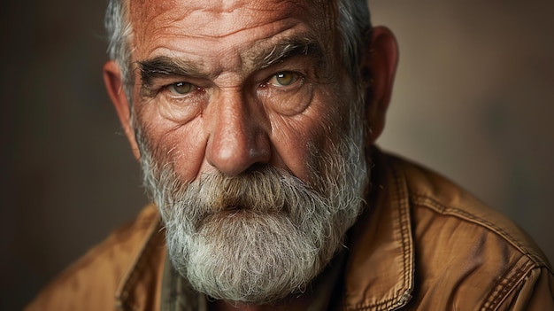 Un ritratto di un vecchio con una lunga barba bianca e occhi verdi indossa una giacca di pelle marrone e ha un'espressione severa sul viso