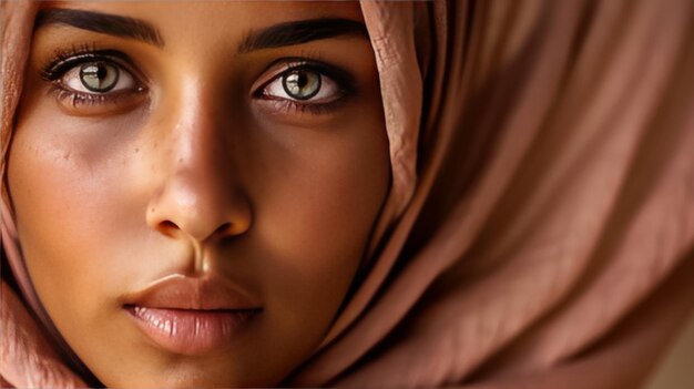 Un ritratto di una bella donna con un hijab rosa