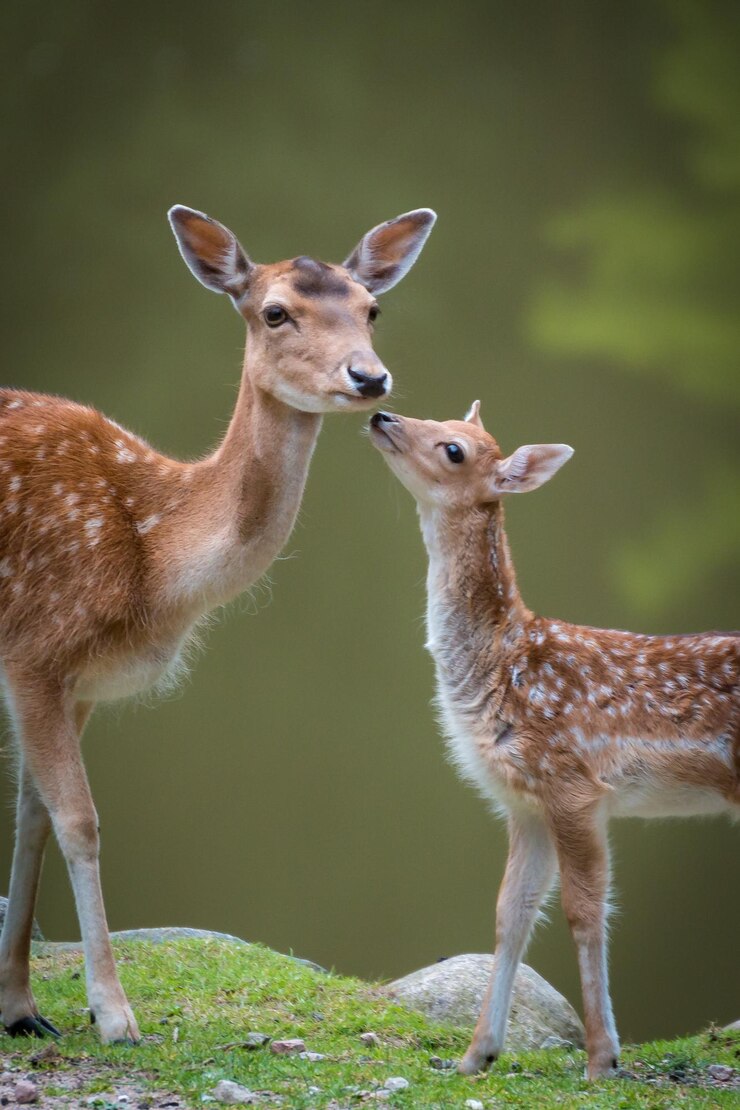Foto un ritratto di una bellissima mamma cervo con il suo bambino nella foresta selvaggia
