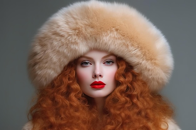 Un ritratto di una donna che indossa un cappello di pelliccia