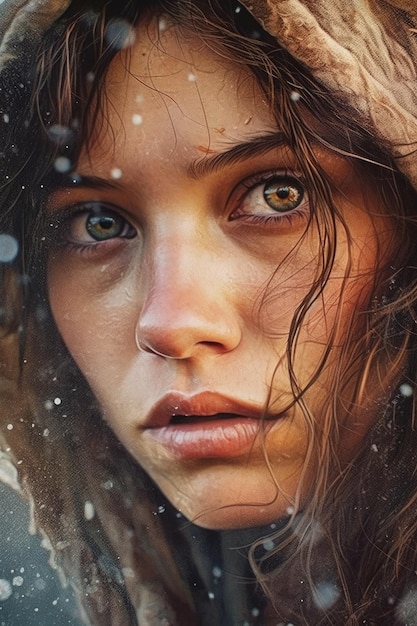 Un ritratto di una donna con gli occhi marroni e un fiocco di neve sul viso