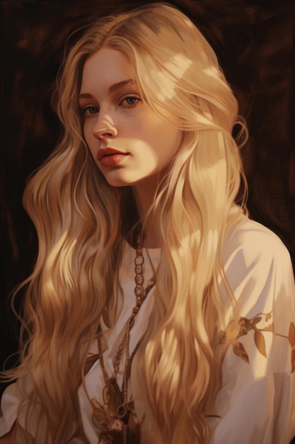 Un ritratto di una donna con lunghi capelli biondi e un top bianco.