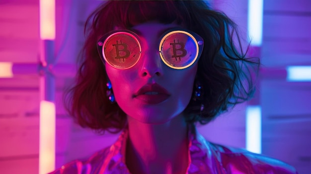Un ritratto di una donna hipster che indossa occhiali Bitcoin Illuminazione al neon con Bitcoin per le lenti