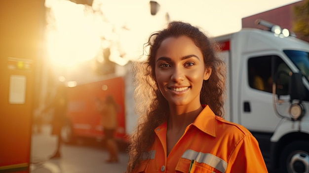 Un ritratto di una donna in uniforme arancione in piedi accanto a un furgone dell'ambulanza bianco al tramonto