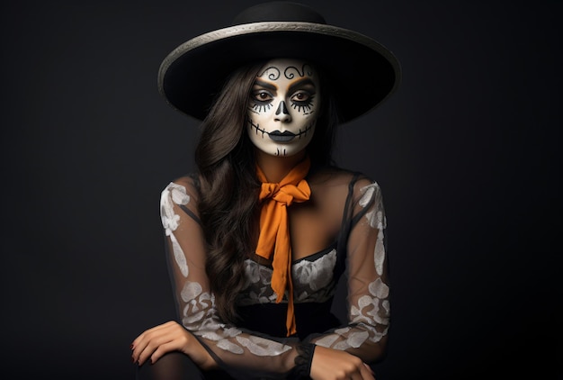 Un ritratto di una donna Katrina che indossa il trucco di teschio di zucchero per celebrare Halloween o il Giorno dei Morti