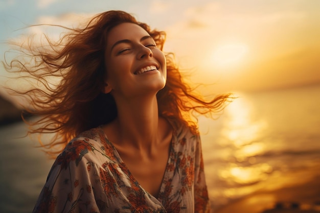 Un ritratto di una donna serena, gioiosa, sorridente e liberata con le braccia aperte Ai generativo