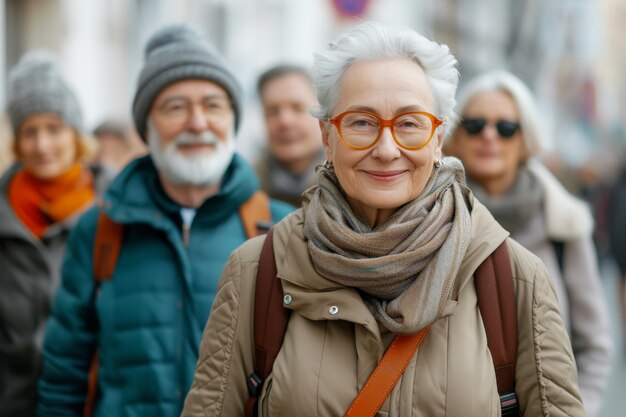 Un ritratto di una donna sorridente di mezza età su una strada della città concetto di maturità attiva e felice