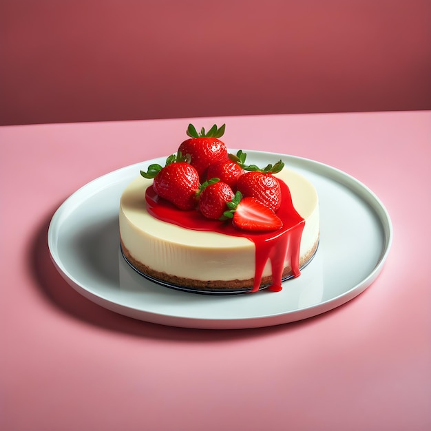 Un ritratto di una fotografia di prodotto di un recipiente di plastica con una speciale cheesecake di fragole