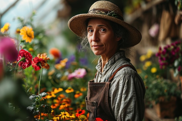 Un ritratto di una giardiniera anziana che si occupa delle piante nella fattoria