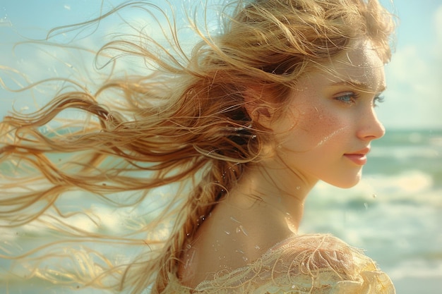 Un ritratto di una giovane donna con i capelli che soffiano al vento