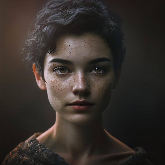 Un ritratto di una giovane donna con le lentiggini e uno sfondo scuro.