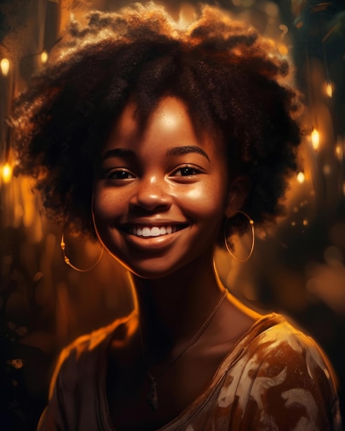 Un ritratto di una giovane donna con un bagliore dorato sul viso.