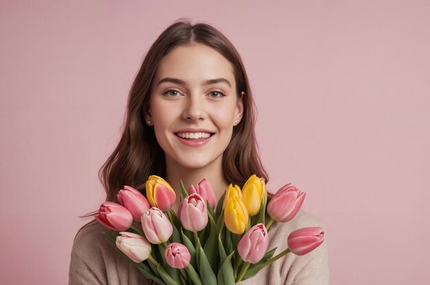 Un ritratto di una giovane donna europea che tiene in mano un colorato mazzo di tulipani