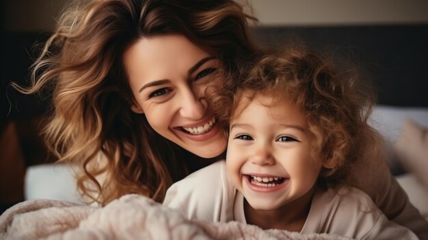 Un ritratto di una giovane madre con una piccola figlia nella natura autunnale al tramonto sorridendo e abbracciandosi insieme